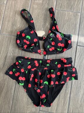Hot Topic Black Cherry Print Two-Piece Swim Set, size small.
